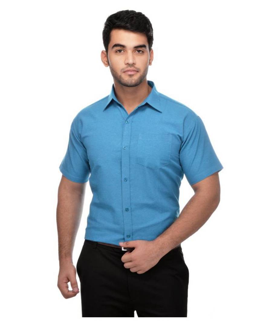 Men's Blue Khadi Cotton Solid Short Sleeves Regular Fit Casual Shirt